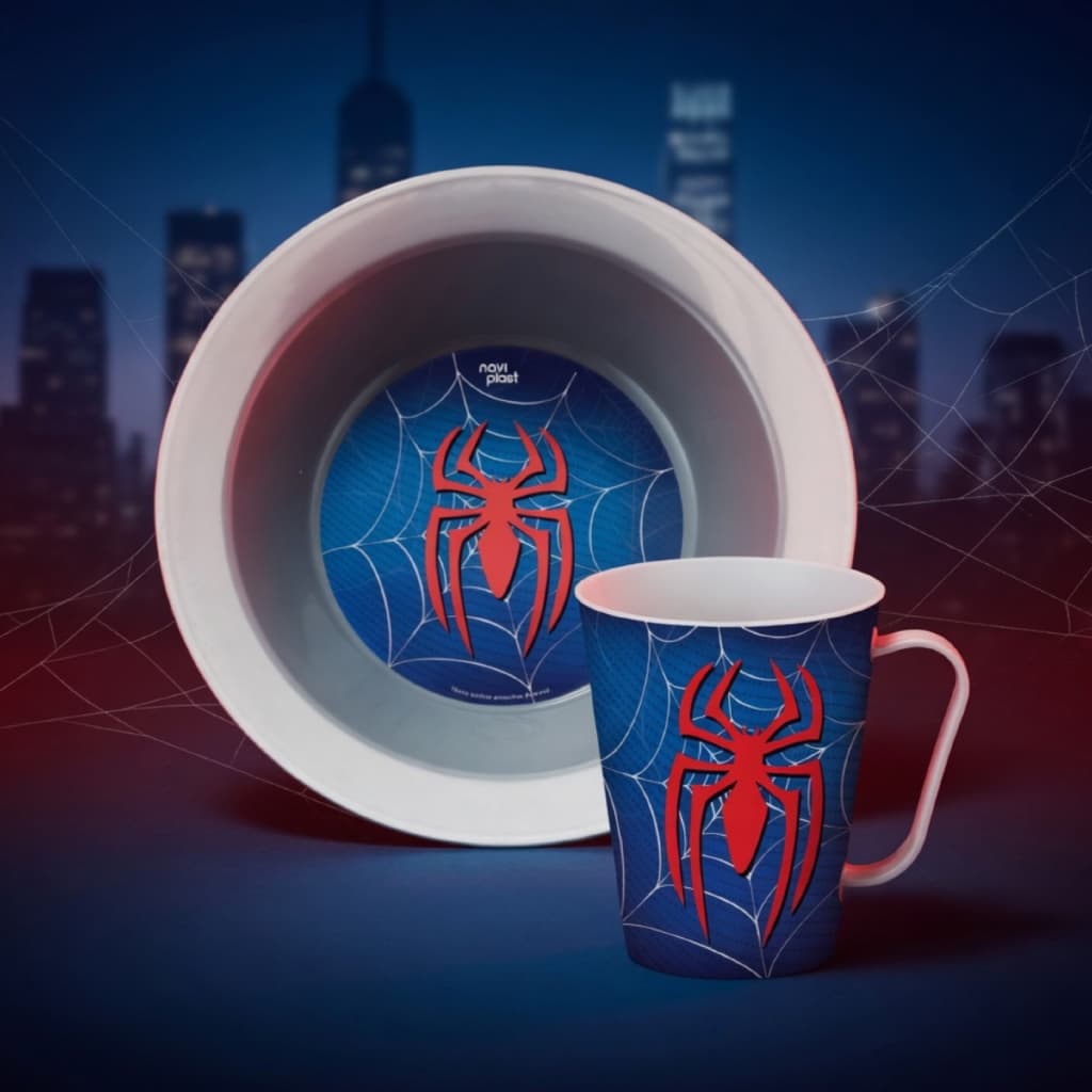 Kit Infantil Homem Aranha Prato E Caneca Plástico Azul Personagem Criança Refeição Resistente Fofo