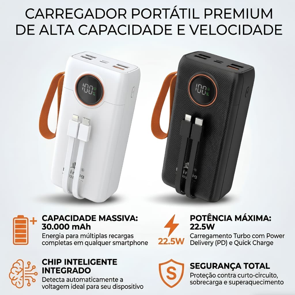 Carregador Power Bank Portátil 30000mah Carga Rápida 22.5w com Cabos Embutidos