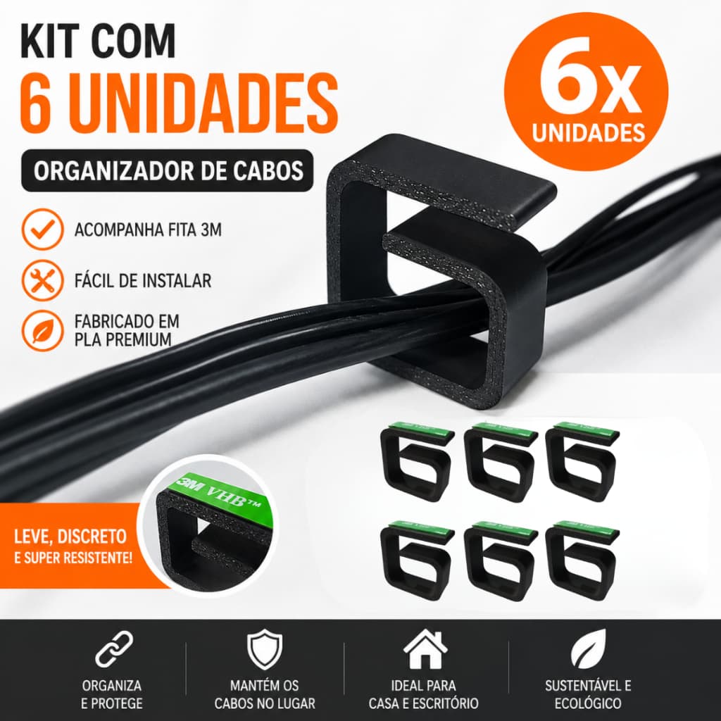 Kit 6 Organizadores De Cabos E Fixador Gancho Preto Fita 3m