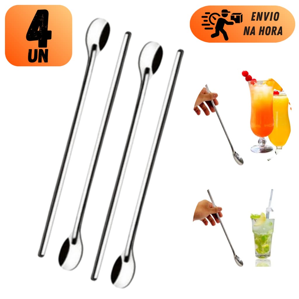 KIT COLHERES PARA SUCO LONGA BAILARINA 30CM AÇO INOX PROFISSIONAL BARMAN DRINKS SUCOS