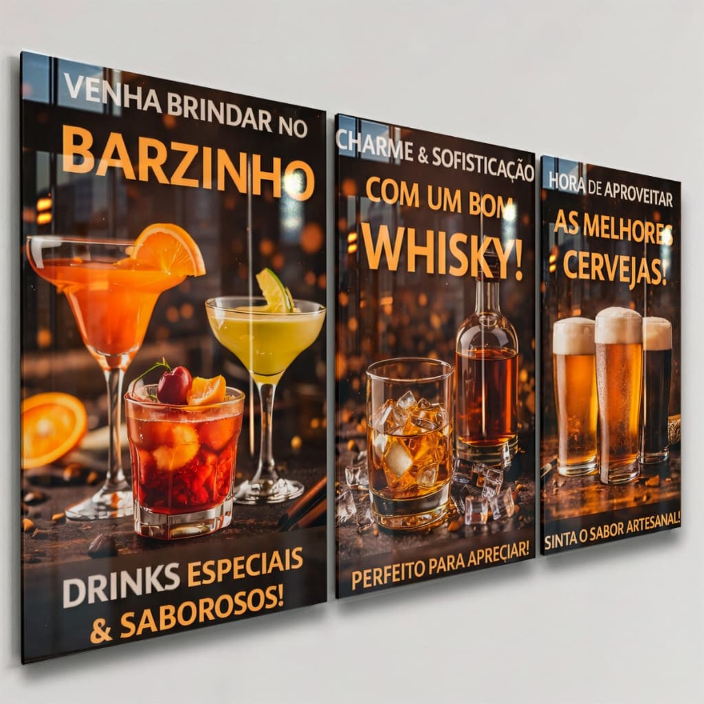 Quadros Decorativos 3 Peças Barzinho Bebidas Drinks Casa Sala Quarto Decoração Hall