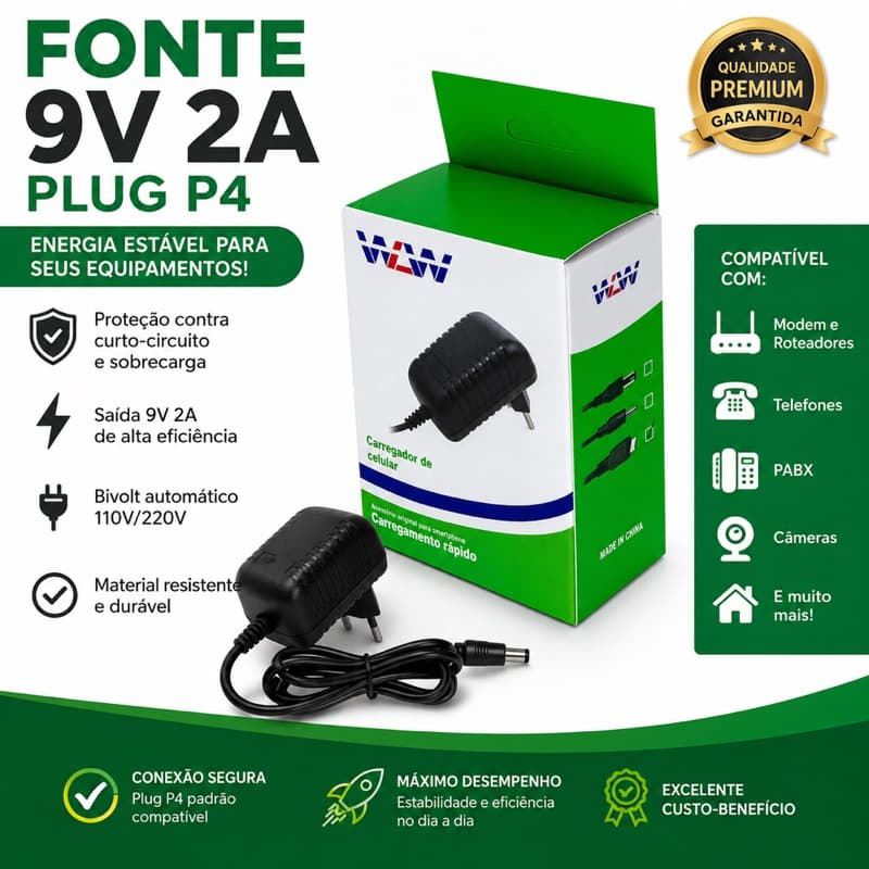 Fonte 9v 2a P4 Plug P4 Real Modem Roteador Telefone Pabx.