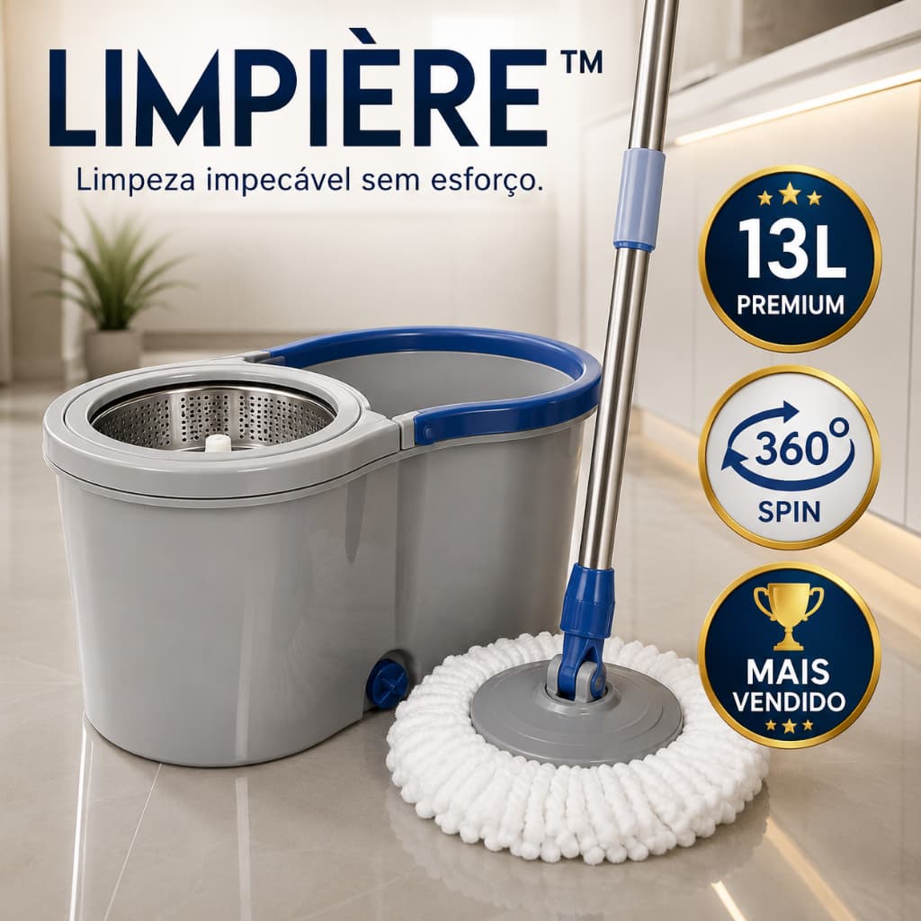 Mop Giratório 360 LIMPIÈRE™ Balde 13L Limpeza Prática Inox Premium