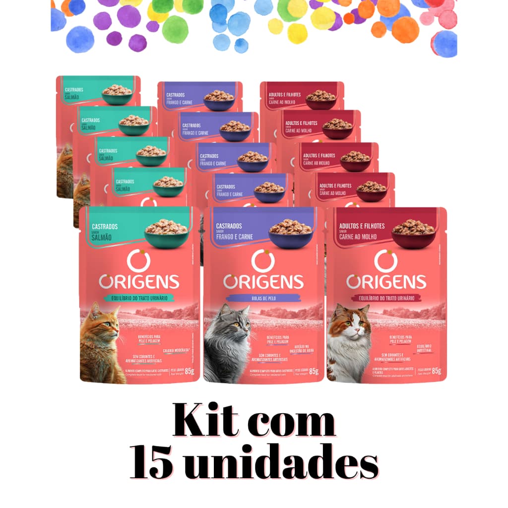 KIT 15 UNI - Sachê Origens Gatos (5 carne ao molho, 5 salmão, 5 frango e carne) - Ração úmida