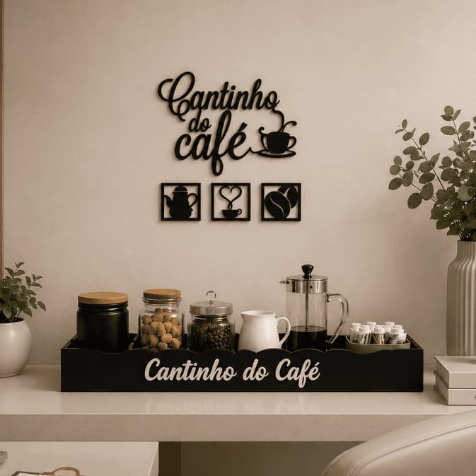 Cantinho do Café 4 Apliques e Bandeja em MDF Preto Vermelho Marrom