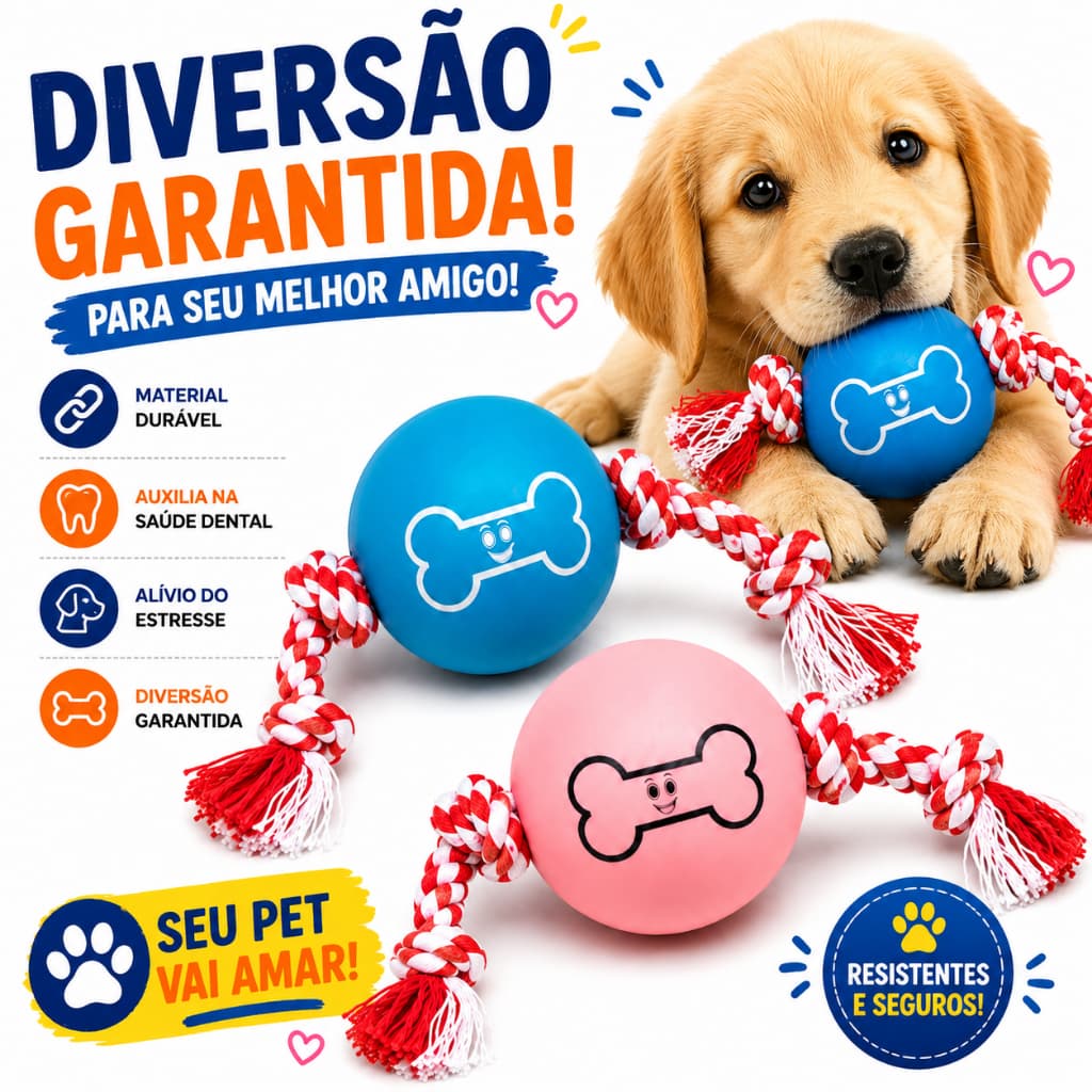 Kit Brinquedos Mordedor Pet Bolinha Ossinho com Corda Anti Estresse Cachorro