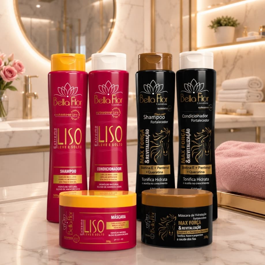 2 Kits Liso e Max Força: 2 Shampoos, 2 Condicionadores e 2 Máscaras Capilares Bella Flor Alinhamento Anti-Frizz