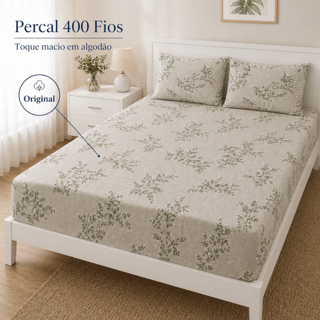 Lençol 100% Algodão Percal 400 Fios Com Elástico Solteiro Casal Queen Kit C/ Fronha