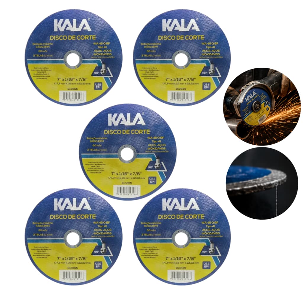 Kit 5 Disco De Corte Kala 7 Pol X 1/6 X 7/8 Para Metal Esmerilhadeira Reforçado