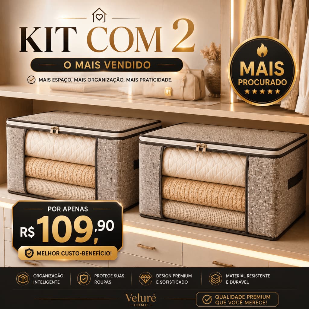 Caixa Organizadora Dobrável Grande com Visor Transparente para Edredom, Roupas e Cobertores Premium Veluré Home