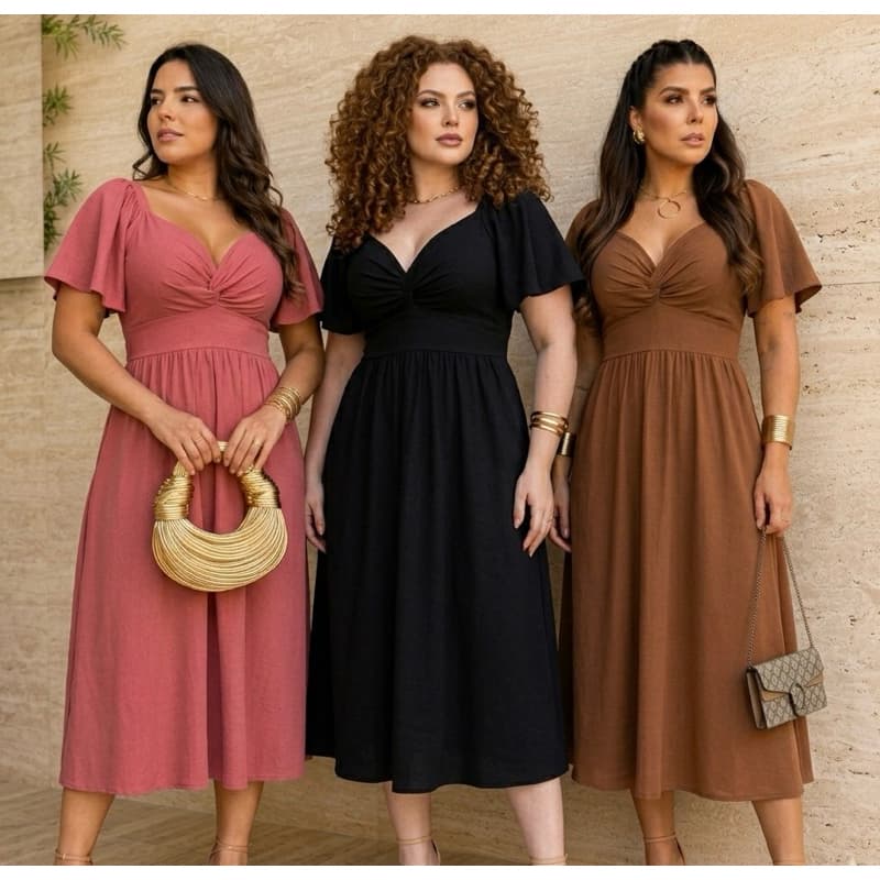 Vestido Midi Manga Moda Elegante Modesto Casual Chic Tecido Duna Soltinho Evangélico Premium Forrado Elastano Tendencia