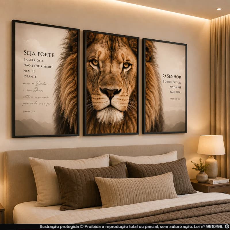 Quadros 3 Peças Decorativos Leão de Judá Mosaico Frases Biblicas Moderno Sala Quarto Escritório