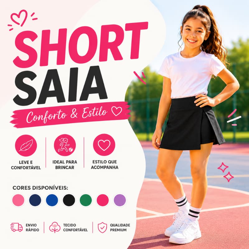 Short Saia Infantil Feminino Esportivo Com Abertura Lateral 4 ao 16 | Moda Kids | 3753 | Promoção