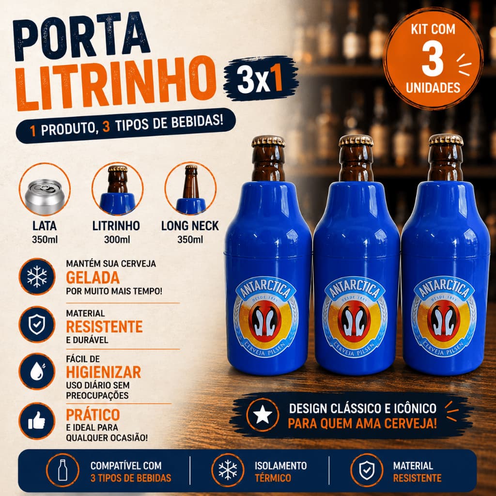 3 Porta Cerveja 300ml Litrinho Antártica Suporte Lata Cerveja Térmico Long Neck