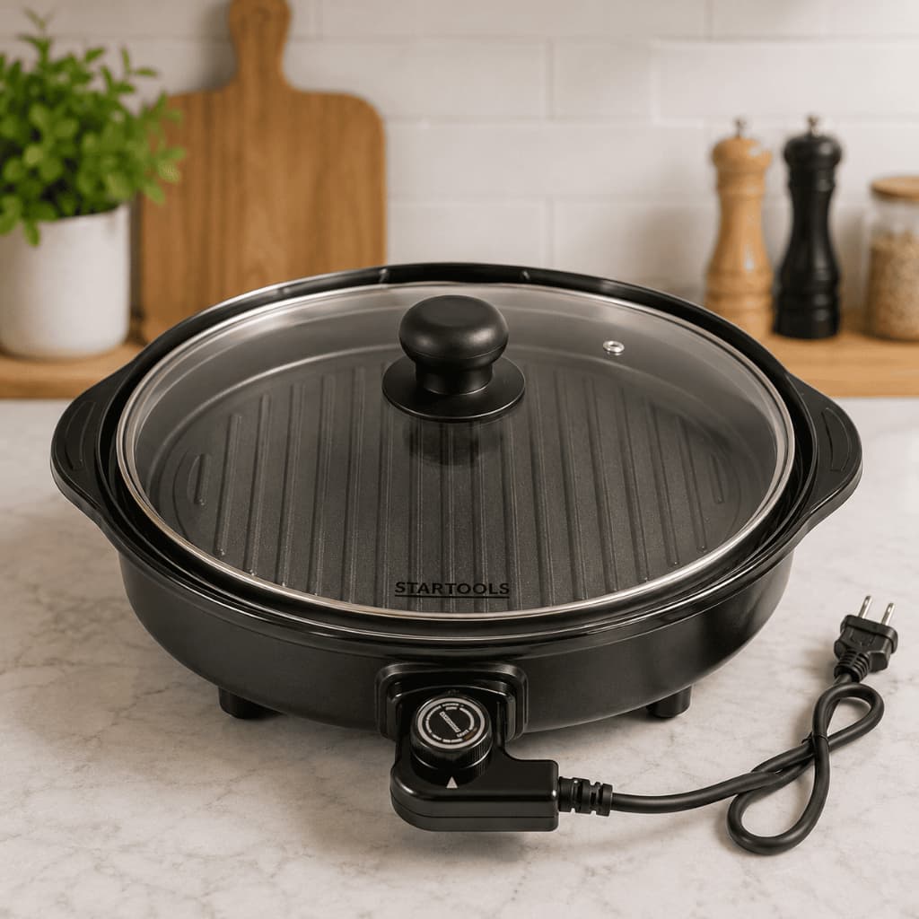 Grill Elétrico Redondo Premium com Termostato 220V Preto Antiaderente