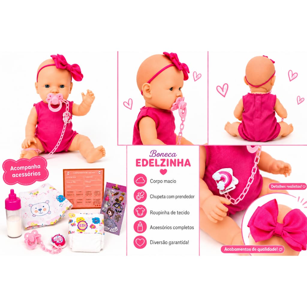 Boneca Reborn Bebê Vinil Acessórios Fralda Manta Chupeta rosa Mamadeira magica Naninha ED1Brinquedos