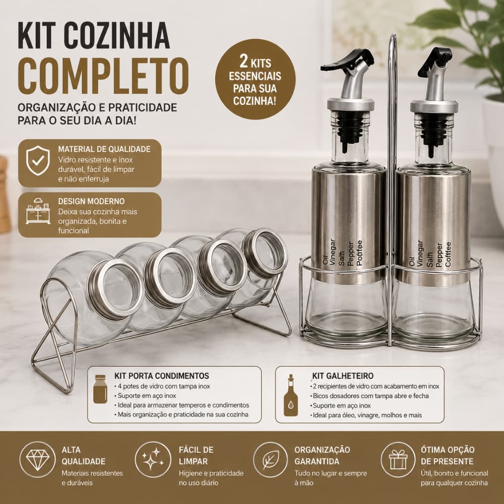 Porta Tempero Condimentos e kit porta zeite vinagre galheteiro c/2 Vidro Inox com Suporte