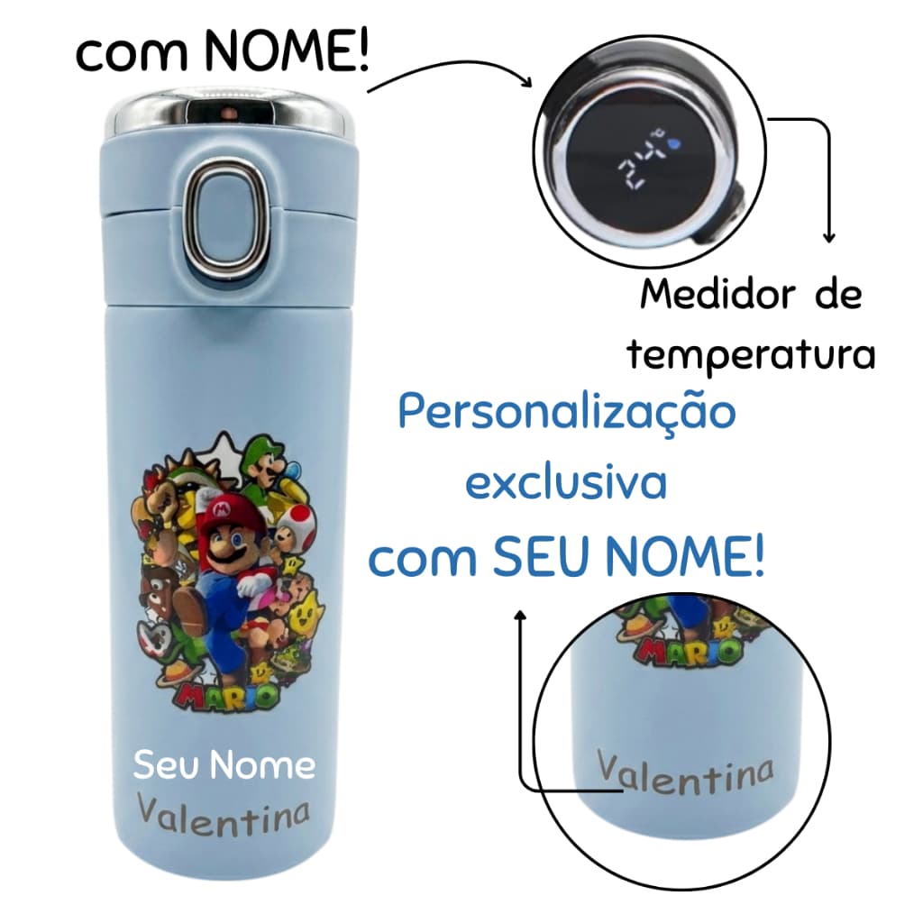 Garrafa Térmica Inox SUPER MARIO Com NOME Termômetro Digita e Trava de Segurança Personalizada Adulto Infantil escolar