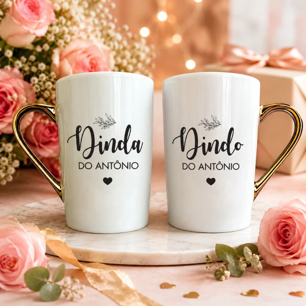 Kit Canecas Personalizadas Dinda e Dindo com Nome - Alça Dourada com 2 unidades