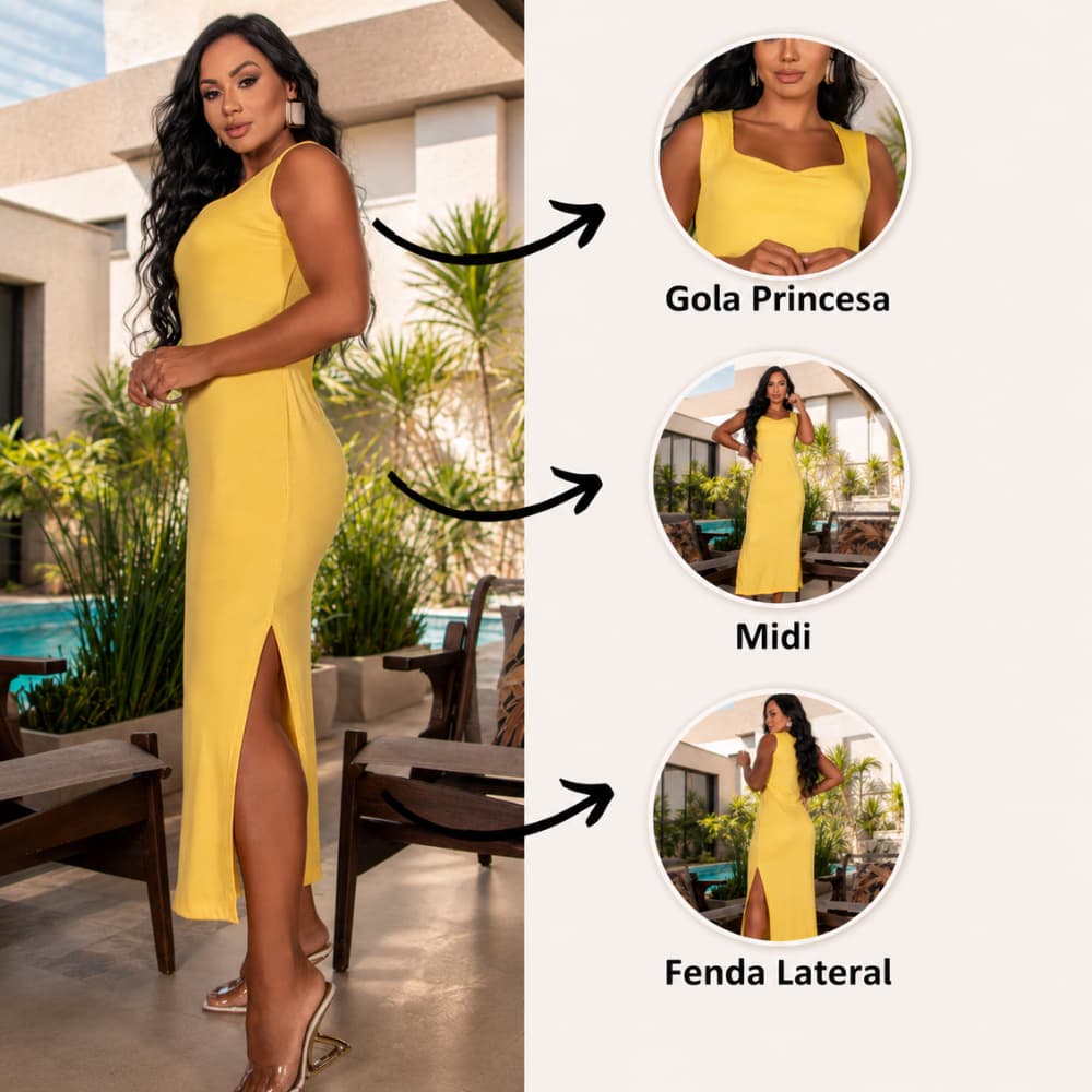Vestido Regata Feminino Midi Casual Ribana Canelado Elegante Moda Confortável Tubinho Fenda Lateral