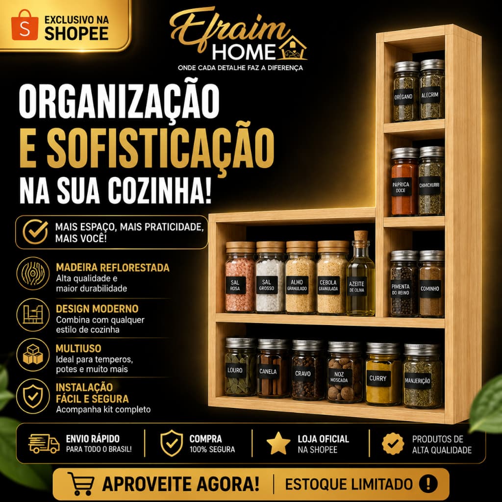 Suporte Organizador de Temperos Condimentos Mantimentos Parede MDP Premium 7 Nichos Fácil Instalação