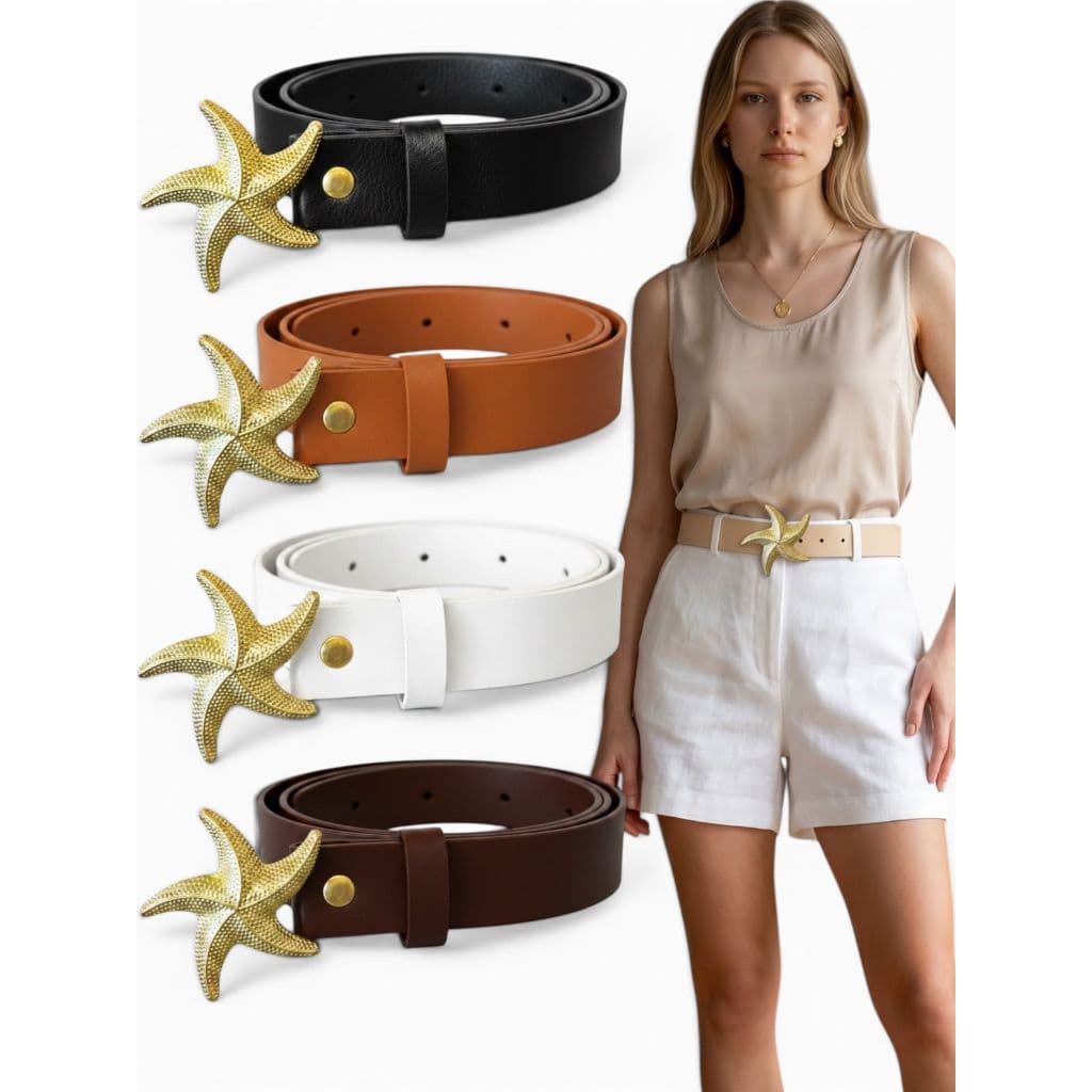 Cinto Feminino Da Moda Fivela Estrela Do Mar 2,5cm Couro Sintético Resistente Ajustável - Patricia