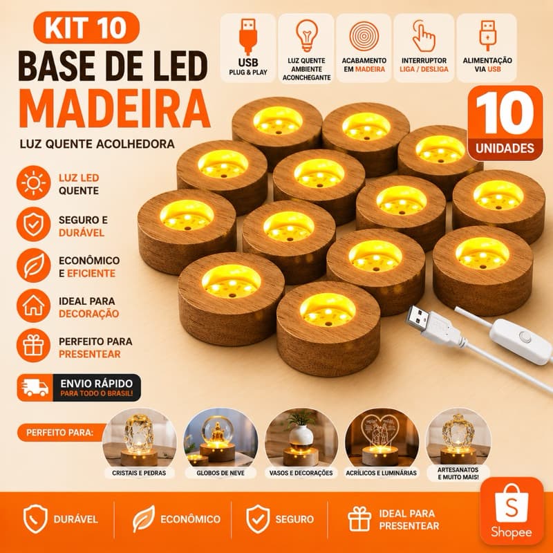 Kit 10 Bases LED USB Redonda Branco Morno Para Decoração Luz Cristal Vidro Abajur Iluminação Ambiente
