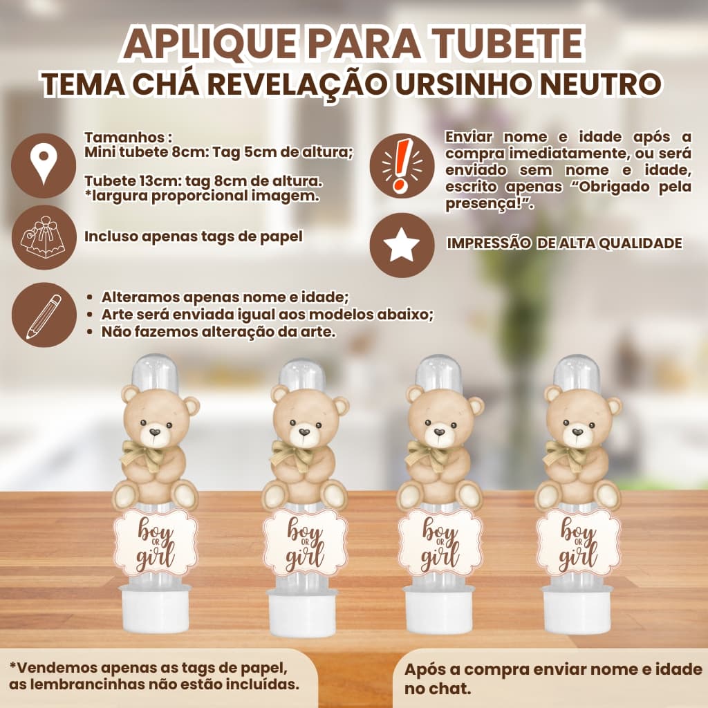 Apliques para Mini Tubete 8cm ou Tubete 13cm 3d Tema chá revelação ursinho neutro|Tag Personalizado com Nome e Idade