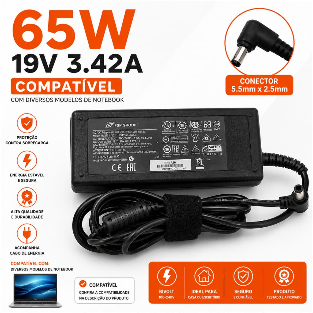Fonte Carregador Compatível Notebook Positivo Sim+ 19v 3,42a 65w + Cabo