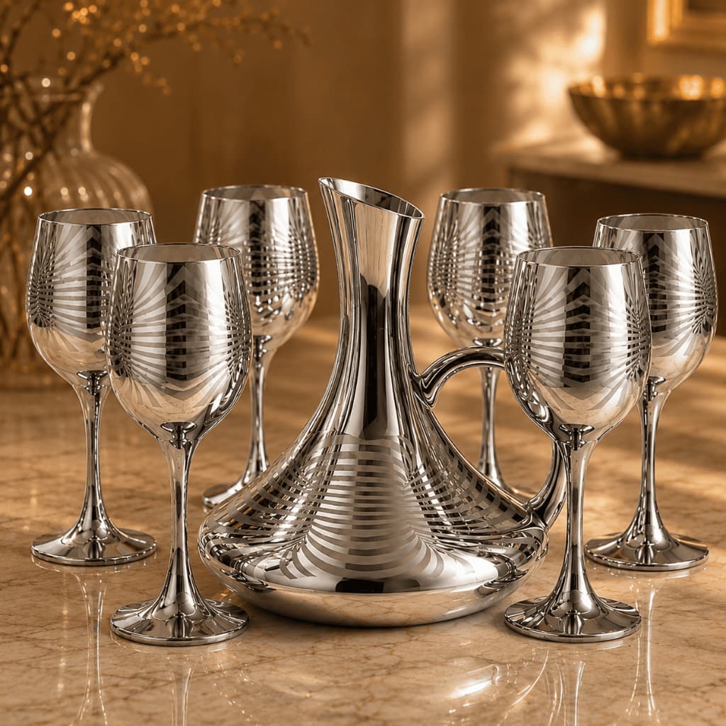 Conjunto de Jarra de Vidro Decanter 1,5L com Detalhes Dourados e 6 Taças Decorativa