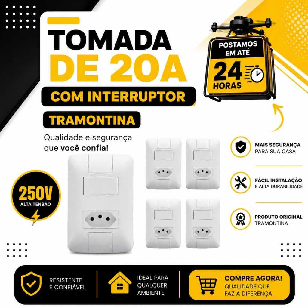 Tomada 20A com Interruptor Tramontina Aria 250V – Conjunto Moderno com Acabamento Premium
