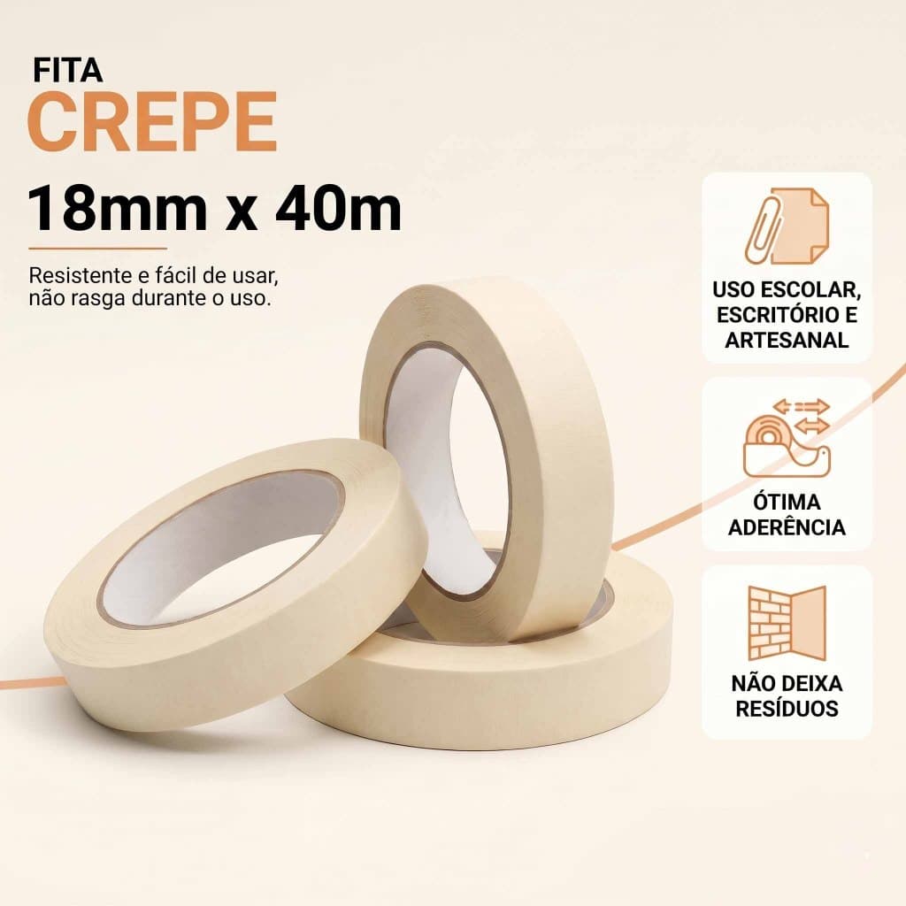 Fita Crepe Branca 8mm x 40m Para Pintura Escritório Uso Escolar e Geral