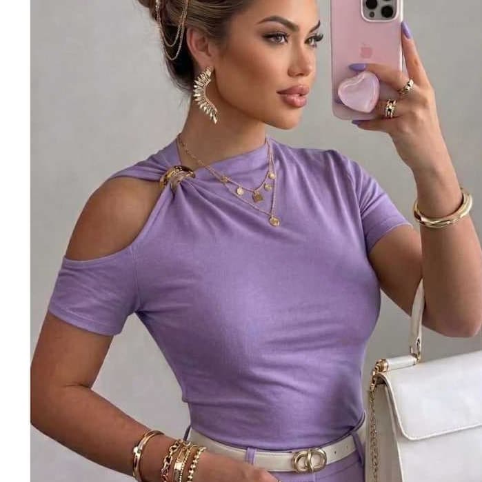Blusa Feminina Manga Curta Ombro Aberto Tecido Suplex Premium
