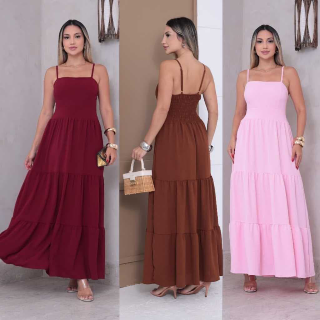 Vestido Longo Feminino Liso Duna com Lastex nas Costas Alça Fina Regulável Elegante Casual Moda 2026