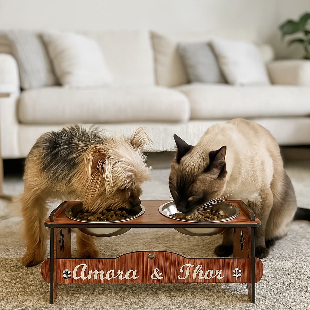 Comedouro Bebedouro PERSONALIZADO Para Cães e Gatos Duplo Com Tampas +  2 Tigelas Inox