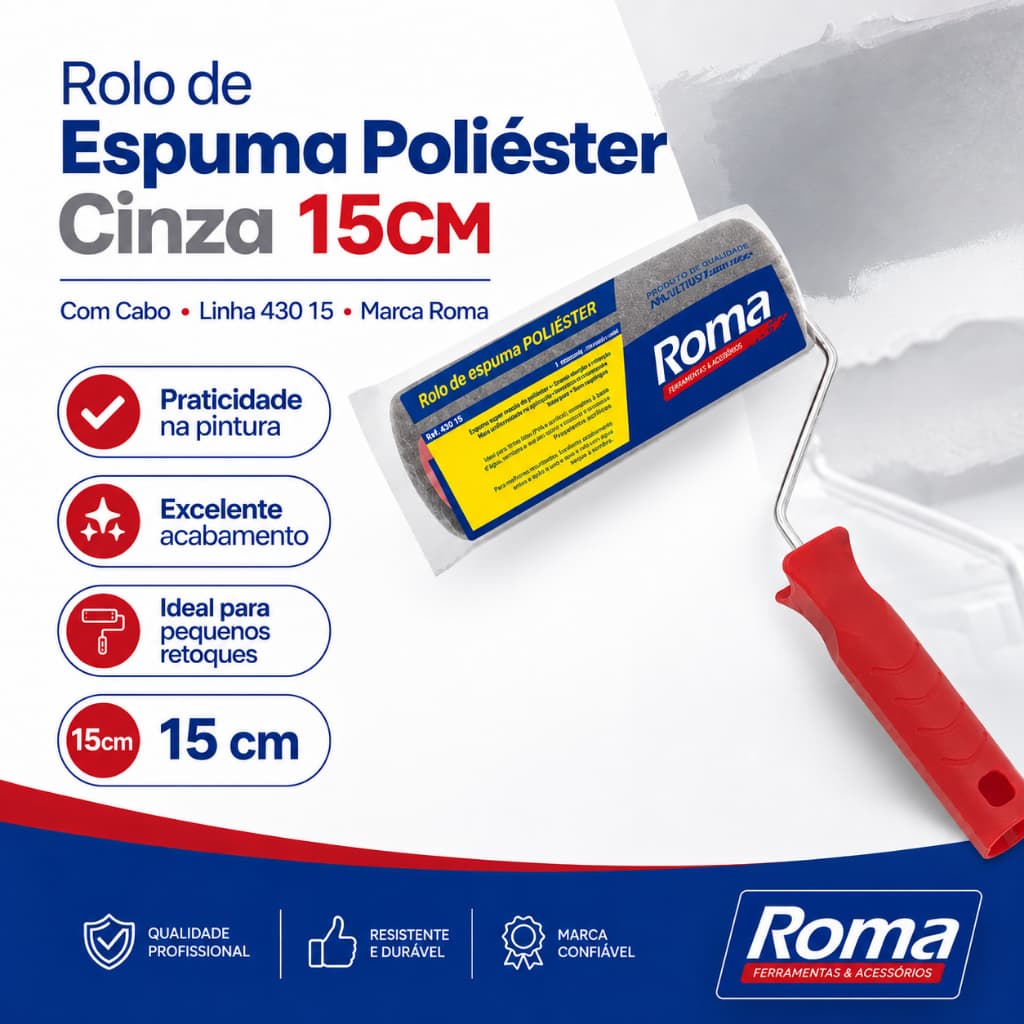 Rolo De Espuma Cinza Poliéster Para Pintura Linha 15CM Com Cabo Linha 430-15 Roma
