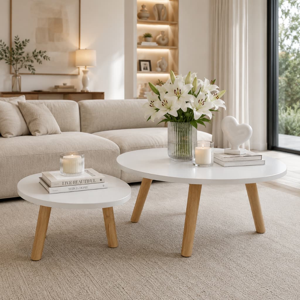 Mesas de Centro Redonda MDF Pés de Pinus Moderna Decorativa Sala de Estar Nórdica Branca