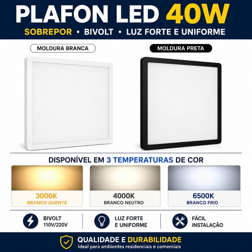 Plafon LED Quadrado 40W  Bivolt – Luminária de Sobrepor Moderna para Teto