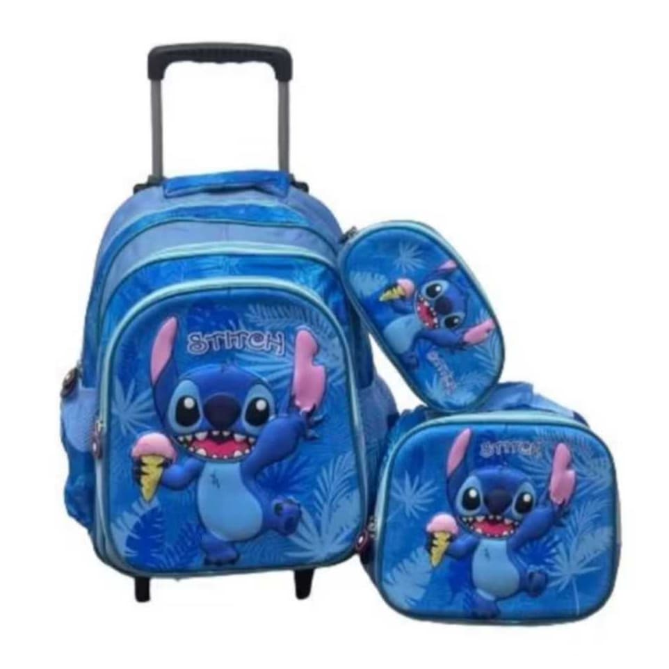 Kit Mochila Escolar STITCH 3D Mochila de Rodinhas Lancheira Térmica Estojo