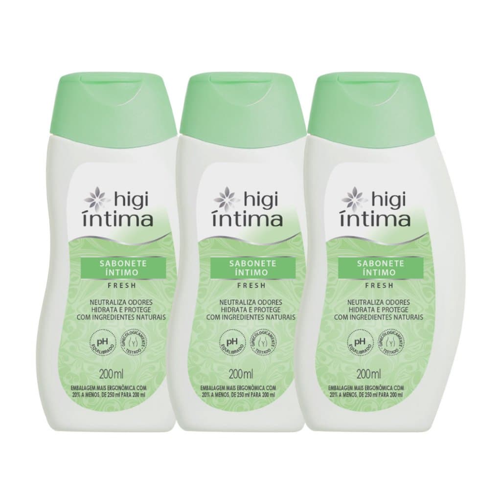 Combo Sabonete Líquido Íntimo Fresh 200ml 3 Unid. com pH Neutro Hidrata e Protege com Ingredientes Naturais Higi Mulher