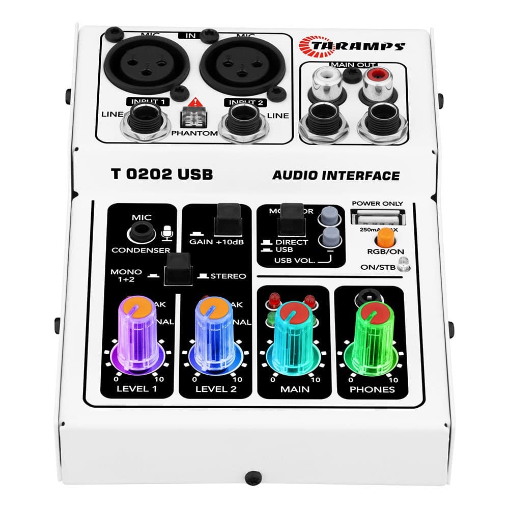 Mesa Som Taramps T0202 Usb Áudio Interface Led Rgb 2 Canais Branca