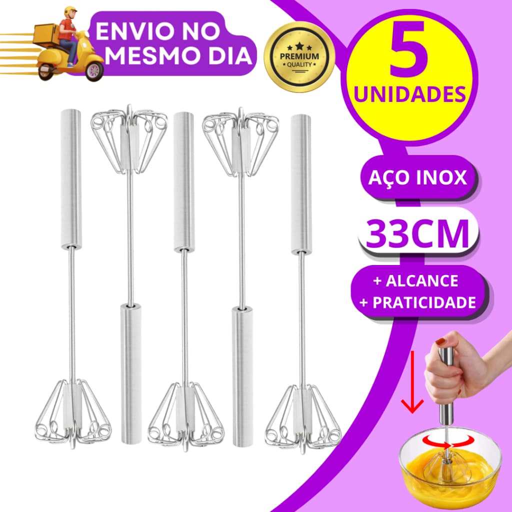 KIT 3 ou 5 Batedor de Ovos Claras Semi Automatico Aço Inox Fue Fuet Manual Mixer Profissional Multiuso