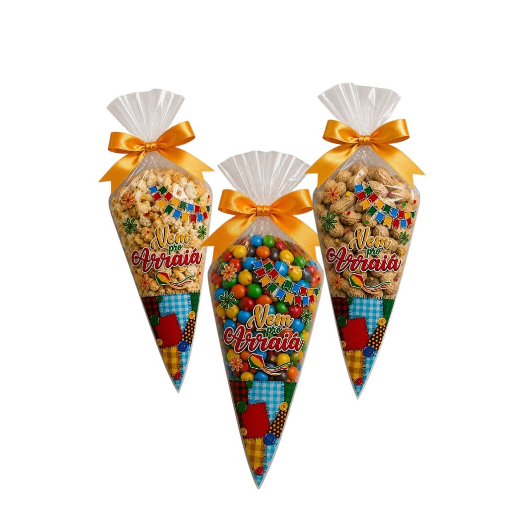 50 sacos plástico cone festa junina 18x30cm - arraiá - pipoca e lembrancinha