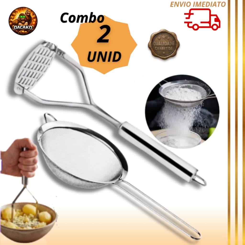 Combo Peneira Coador Inox 18cm com Amassador de Batata Inox Purê Receitas,Cozinha Premium Multiuso