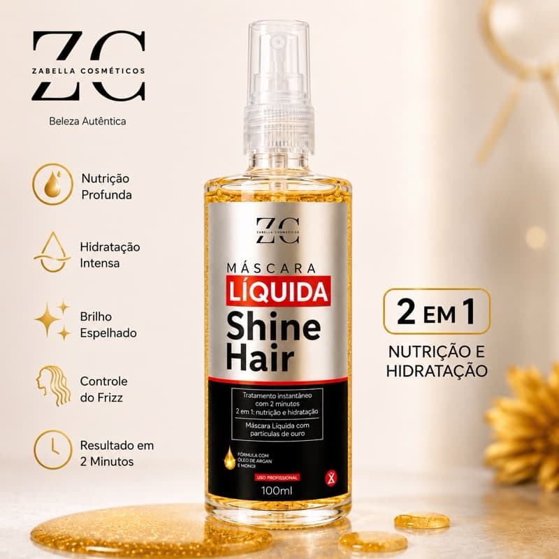 Máscara Líquida Capilar Shine Hair Zabella 2 em 1 Hidratação e Nutrição Instantânea