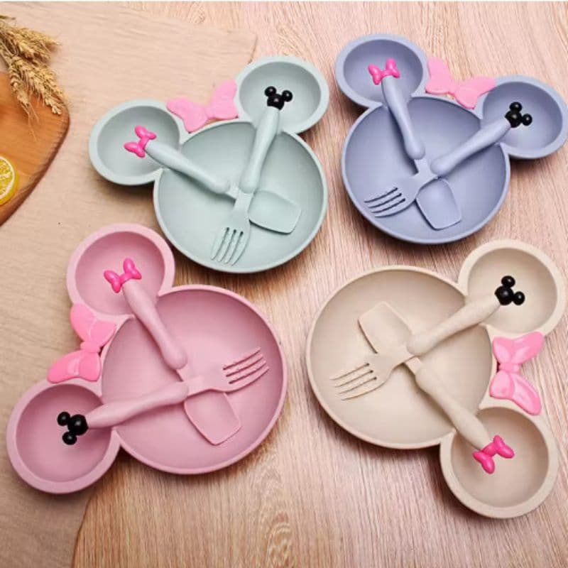 Prato Infantil Minnie Mickey Colorido Com Divisórias + Talheres Plástico Orgânico Ecológico Crianças