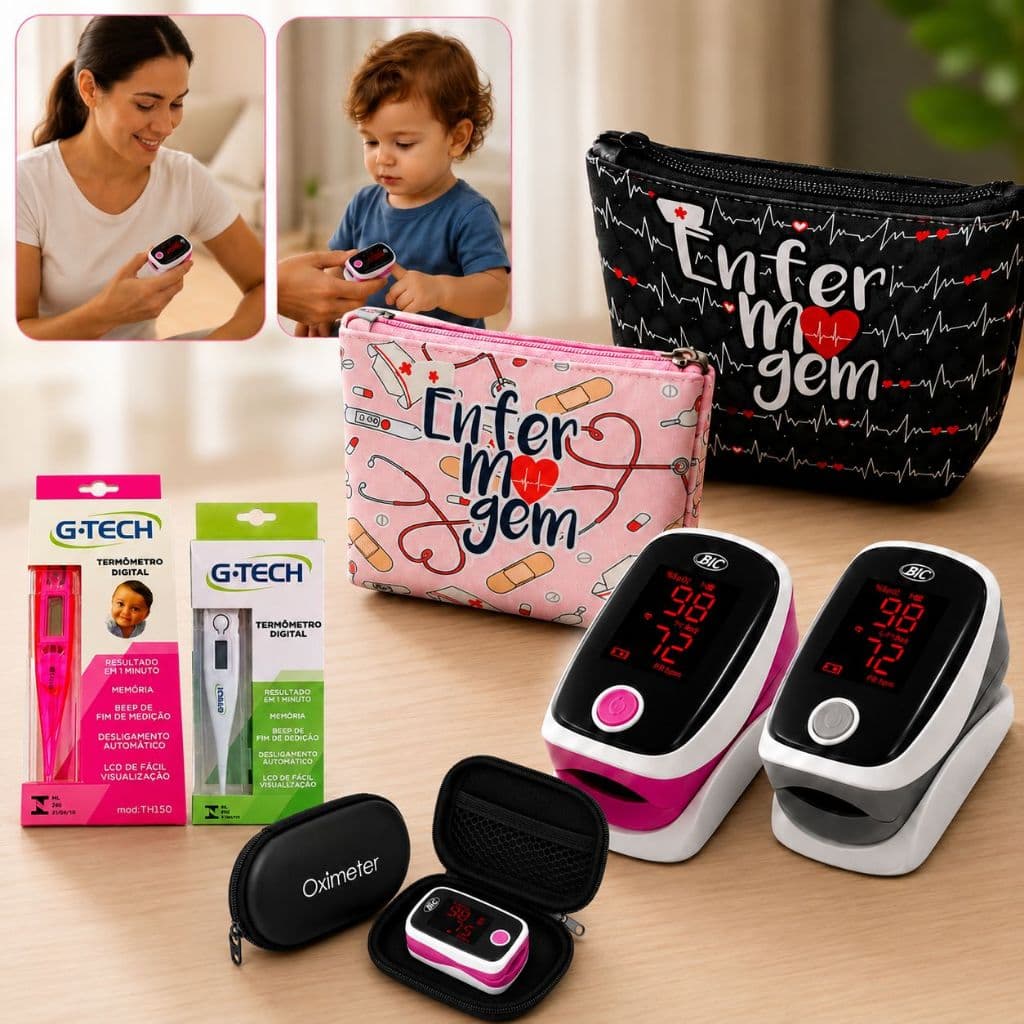 Oxímetro de Pulso BIC Adulto Infantil Pediatrico Alta Precisão SpO2 Frequencia Cardiaca + TERMÔMETRO G-TECH  ESTOJO