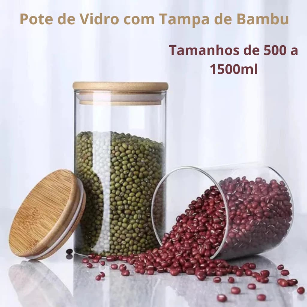 Pote de Vidro Tampa Bambu Armazenamento Mantimentos Cozinha Hermético
