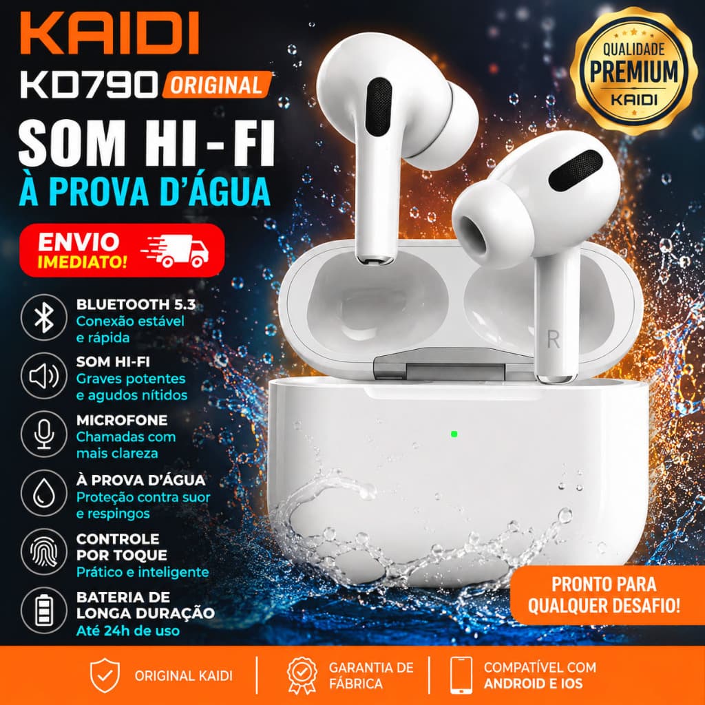 Fone Bluetooth Kaidi KD790 Original - Som Hi-Fi e À Prova D'água (Envio Imediato)