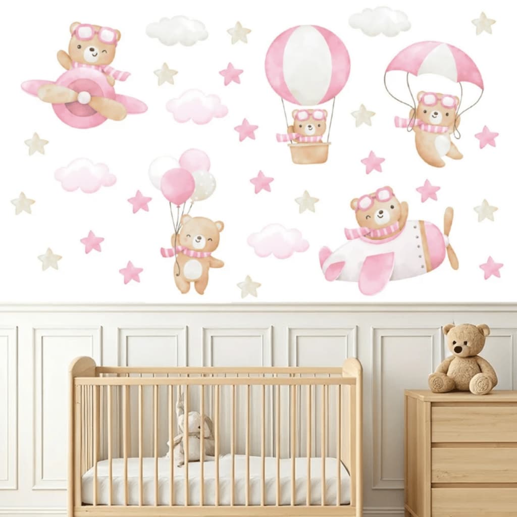 Adesivo Infantil Ursinhos Rosa para Parede Quarto Menina Decoração Bebê Feminino Balão Avião